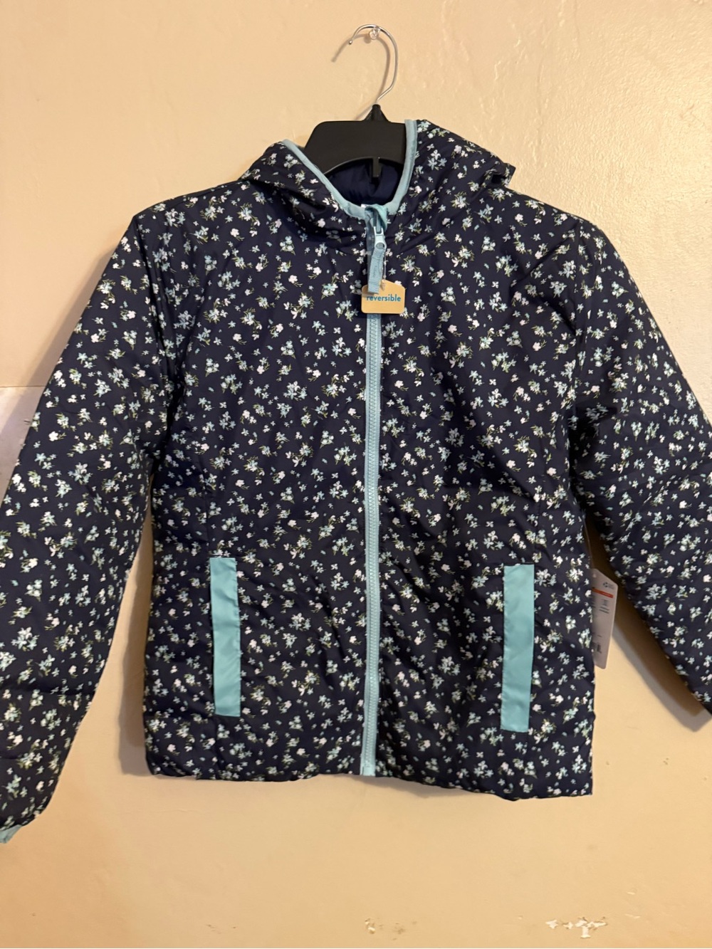 Girls' Navy Floral Hooded Jacket with Light Blue Trim